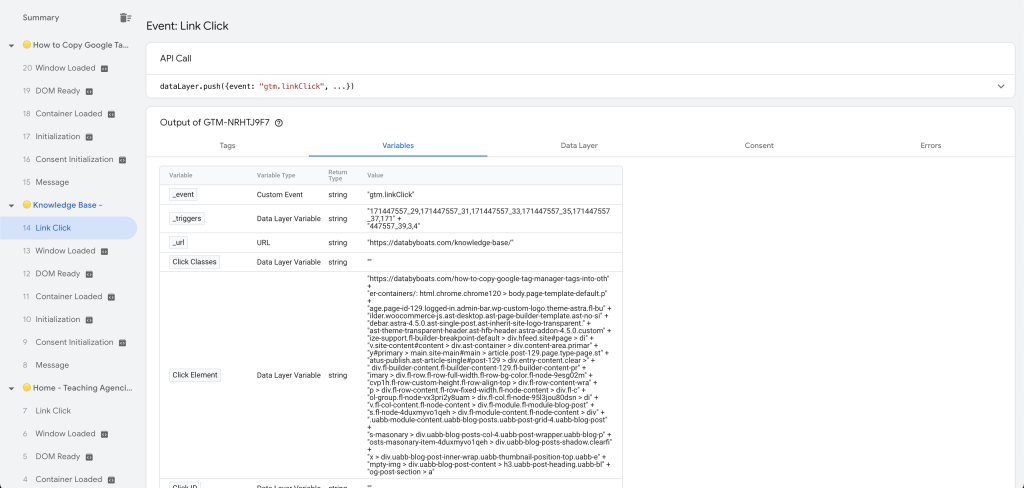 an example of the preview mode showing variables you can use for events in google tag manager